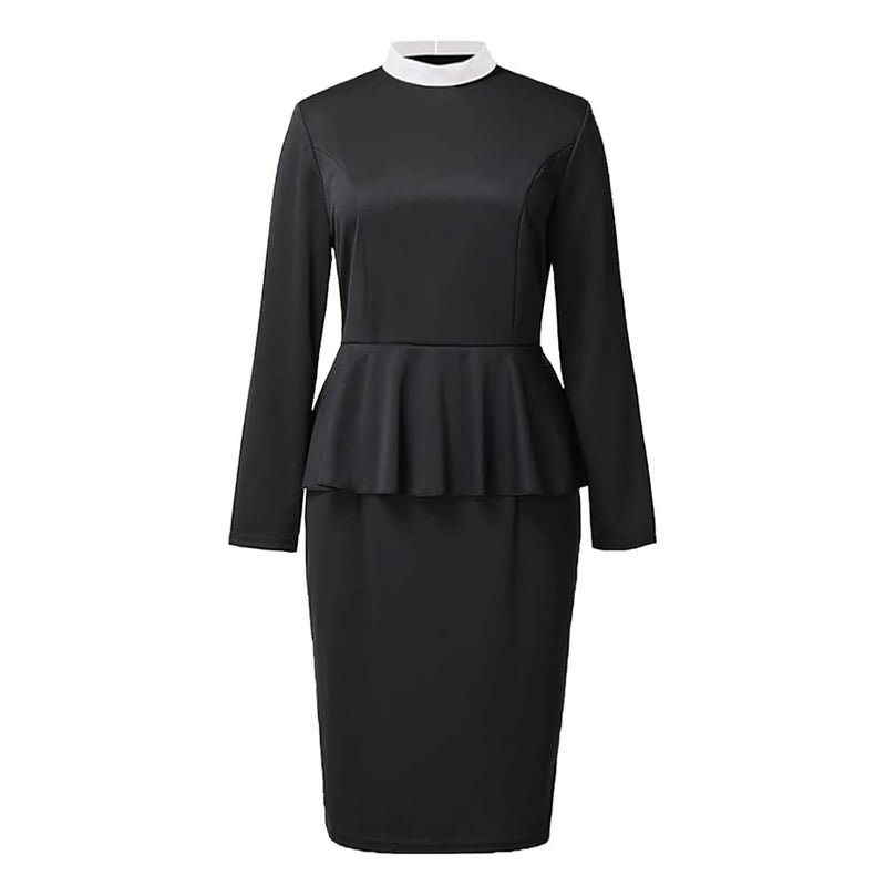 CAMDOM Womens Church Clergy Dress Spring/Autumn Long Sleeve Ruffle Slim Pencil Dress with Banded Full Collar Black - Image 1