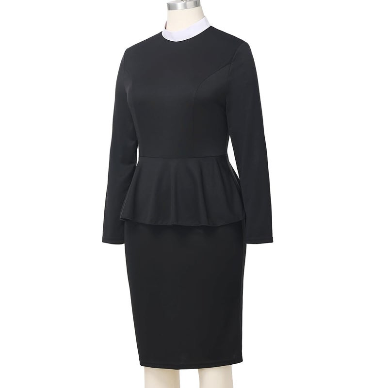 CAMDOM Womens Church Clergy Dress Spring/Autumn Long Sleeve Ruffle Slim Pencil Dress with Banded Full Collar Black - Image 2