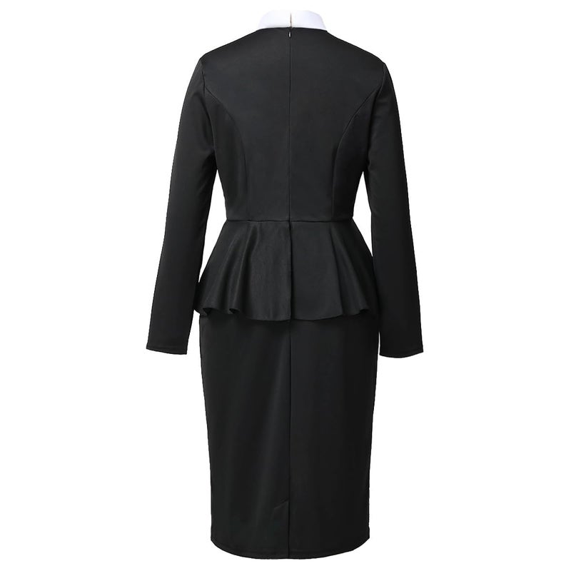 CAMDOM Womens Church Clergy Dress Spring/Autumn Long Sleeve Ruffle Slim Pencil Dress with Banded Full Collar Black - Image 4