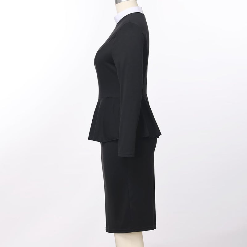 CAMDOM Womens Church Clergy Dress Spring/Autumn Long Sleeve Ruffle Slim Pencil Dress with Banded Full Collar Black - Image 3