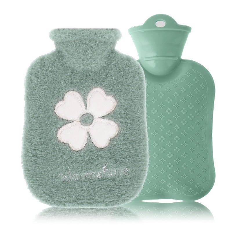 DSLSQD 500ml Hot Water Bottle, 2-in-1 Small Hot Water Bottle with Cover Warm Water Bag with Soft Premium Faux Fur Cover Water Bag for Cold & Hot Compress Mini Hot-Water Bag for Women Men (Green) - Image 1
