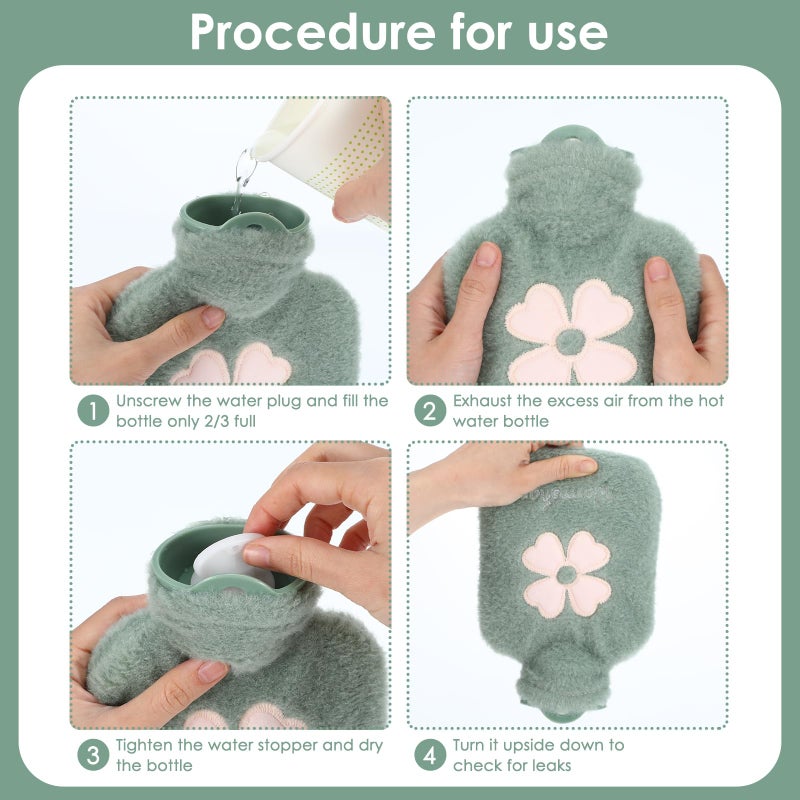 DSLSQD 500ml Hot Water Bottle, 2-in-1 Small Hot Water Bottle with Cover Warm Water Bag with Soft Premium Faux Fur Cover Water Bag for Cold & Hot Compress Mini Hot-Water Bag for Women Men (Green) - Image 3