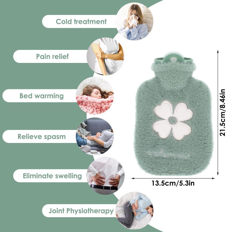 DSLSQD 500ml Hot Water Bottle, 2-in-1 Small Hot Water Bottle with Cover Warm Water Bag with Soft Premium Faux Fur Cover Water Bag for Cold & Hot Compress Mini Hot-Water Bag for Women Men (Green) - Image 2
