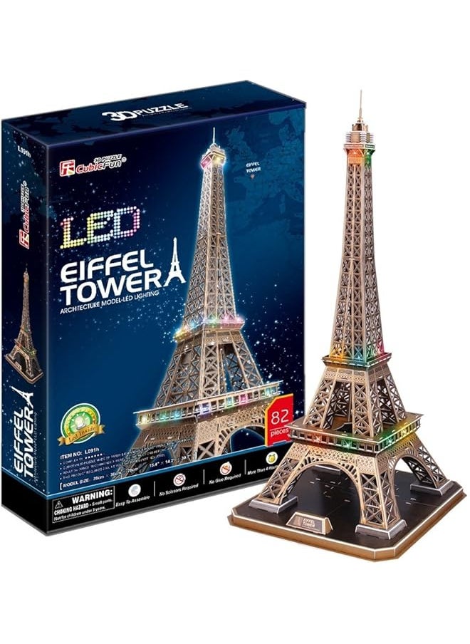 CubicFun - France Led Architecture Model Building Kits 3D Puzzles For Adults Diy Papercraft Lighting Paris Eiffel Tower Decoration Gift Game Toy 82 Pieces - Image 1