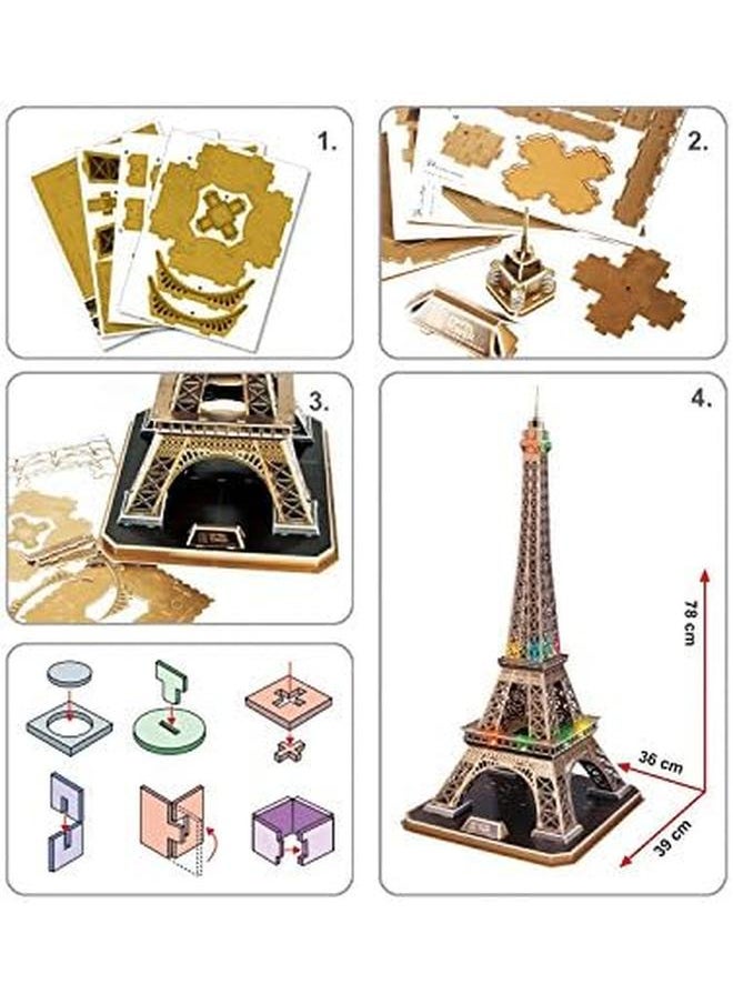 CubicFun - France Led Architecture Model Building Kits 3D Puzzles For Adults Diy Papercraft Lighting Paris Eiffel Tower Decoration Gift Game Toy 82 Pieces - Image 1