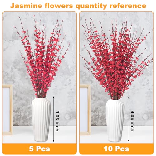 Wootkey 5 Pcs Jasmine Flowers Artificial Red Flowers 29.5" Long Stems Patriotic Picks with Mini Red Berry for DIY Floral Art Plant Wedding Home Office Table Decorations - Image 3