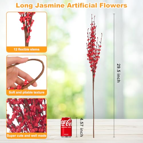 Wootkey 5 Pcs Jasmine Flowers Artificial Red Flowers 29.5" Long Stems Patriotic Picks with Mini Red Berry for DIY Floral Art Plant Wedding Home Office Table Decorations - Image 2