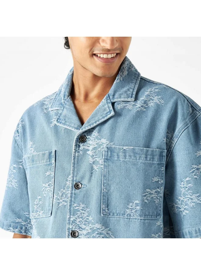 Lee Cooper Lee Cooper Distressed Denim Shirt with Notch Collar and Short Sleeves
