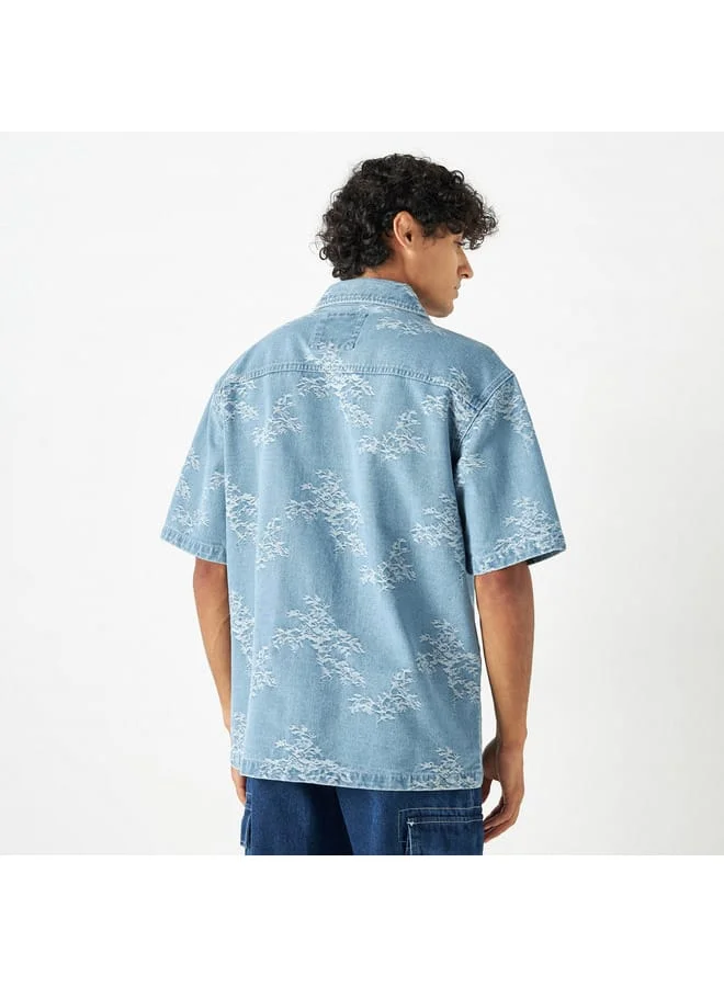 Lee Cooper Lee Cooper Distressed Denim Shirt with Notch Collar and Short Sleeves