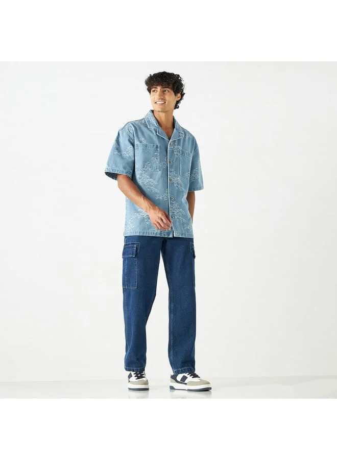 Lee Cooper Lee Cooper Distressed Denim Shirt with Notch Collar and Short Sleeves