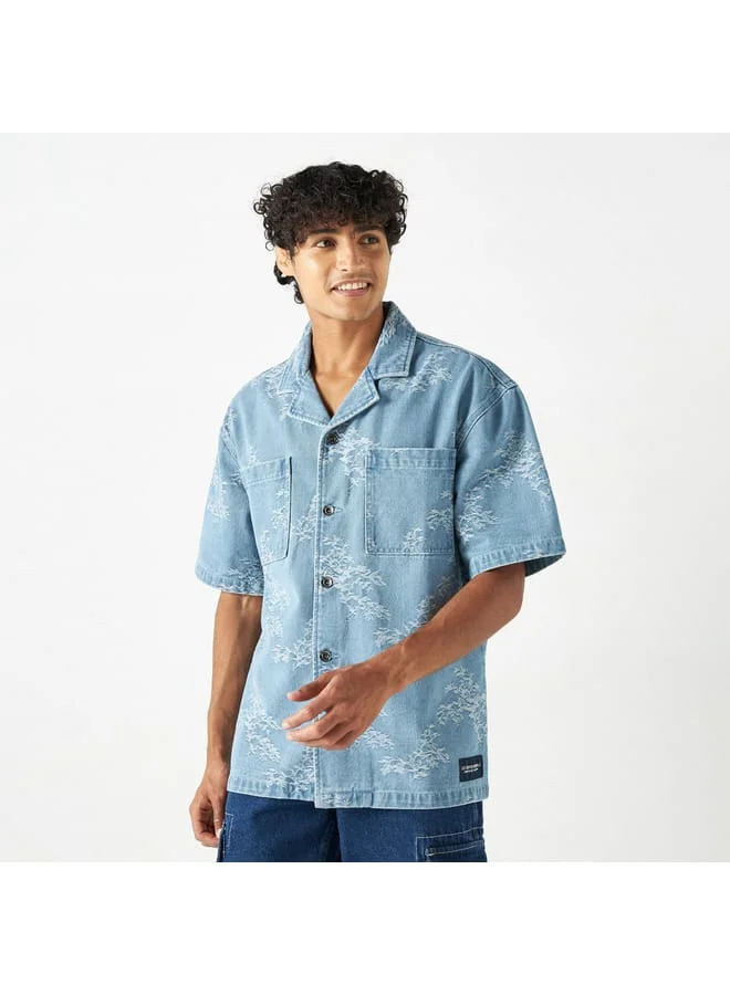 Lee Cooper Lee Cooper Distressed Denim Shirt with Notch Collar and Short Sleeves
