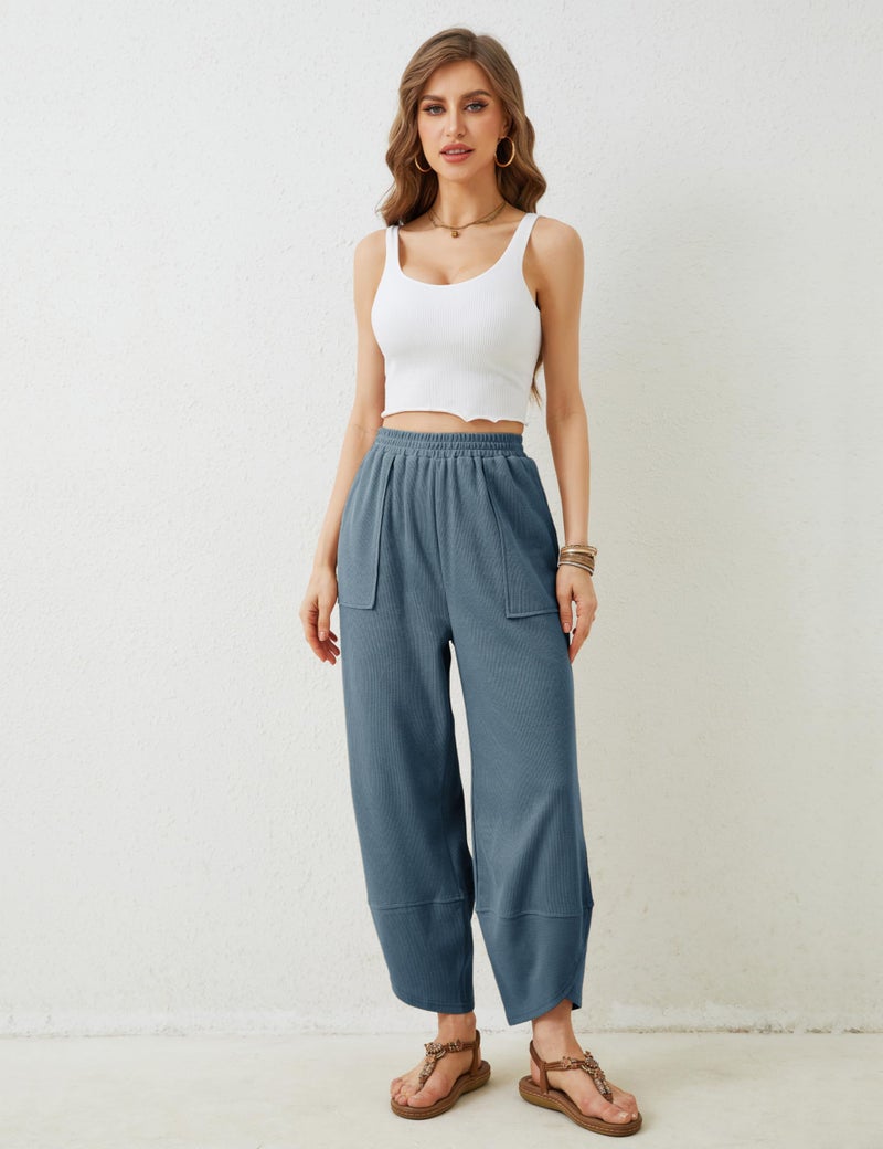 Springrain Womens Baggy Wide Leg Pants Cotton Elastic Waisted Loose Palazzo Harem Pants with Pockets (Dustyblue, Small) - Image 2