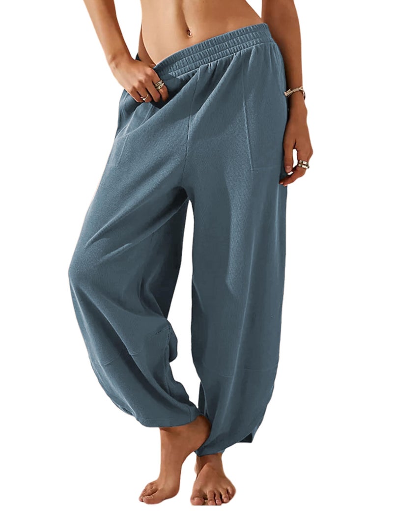 Springrain Womens Baggy Wide Leg Pants Cotton Elastic Waisted Loose Palazzo Harem Pants with Pockets (Dustyblue, Small) - Image 1