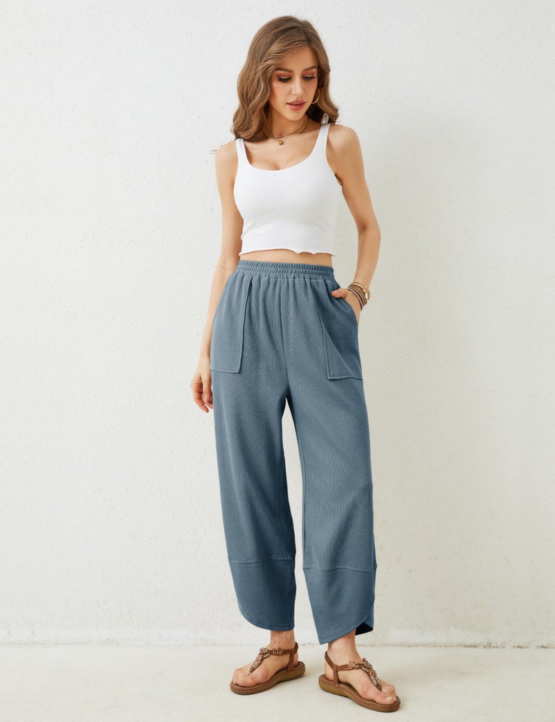 Springrain Womens Baggy Wide Leg Pants Cotton Elastic Waisted Loose Palazzo Harem Pants with Pockets (Dustyblue, Small) - Image 3