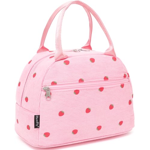 FlowFly Insulated Lunch Bag for Women Corduroy Lunch Tote Box Cute Cooler Bag for Work Travel PicnicCorduroy Strawberries RoseRed - Image 1
