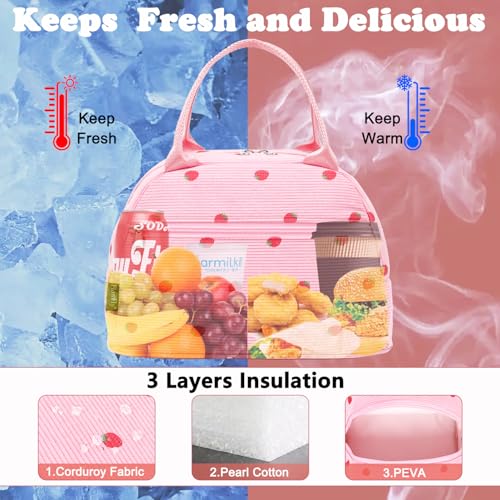 FlowFly Insulated Lunch Bag for Women Corduroy Lunch Tote Box Cute Cooler Bag for Work Travel PicnicCorduroy Strawberries RoseRed - Image 3