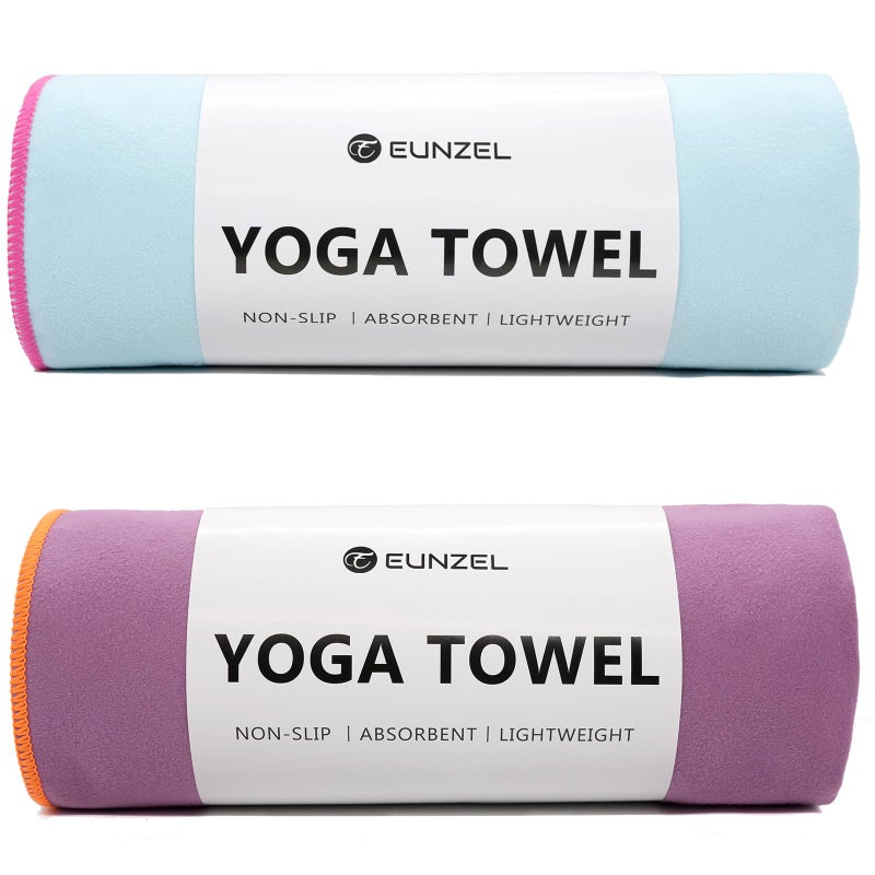 Eunzel 2 Pack Hot Yoga Towel Non-Slip Yoga Mat Towel Ultra-Absorbent Microfiber Towel for Hot Yoga, Pilatesï¼ŒBikram and Workout 26.5"x 72", Blue/Pink& Purple/Orange - Image 1