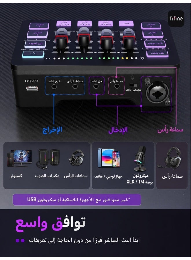 FIFINE Gaming Audio Mixer, Streaming RGB PC Mixer with XLR Microphone Interface, Individual Control, Volume Fader, Mute Button, 48V Phantom Power, for Podcast/Recording/Vocal/Game Voice-AmpliGame SC3 - Image 2