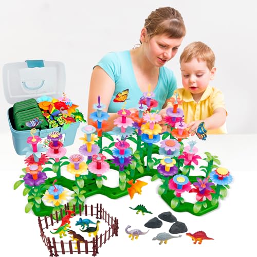 Leetous Toys Gifts for Toddlers Boys Girls Age 2 3 4 5 6,167 PCS Dinosaur Flower Garden Building Blocks,STEM Fine Motor Skill Stacking Games,Christmas First 1st Birthday Gifts for Preschool Kids 2+ Years Old - Image 2