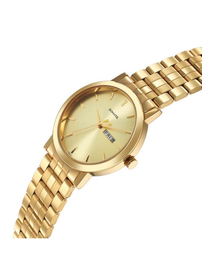Sonata 77108YM07 Men's Watch – Champagne Dial, Yellow Stainless Steel Bracelet, Quartz Movement, Day & Date Function - Image 3
