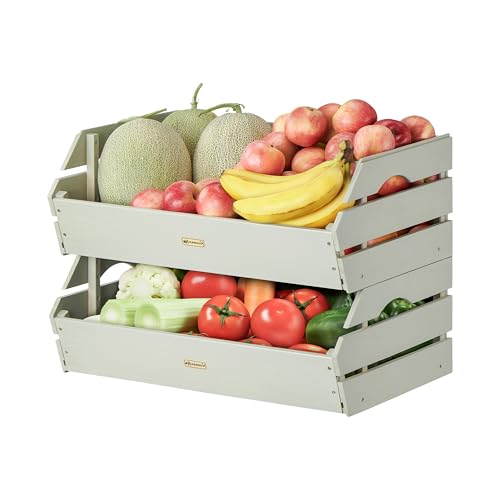 HABAU Potato Onion Storage Bin - Wood Stackable Produce Basket with Handles - Fruit and Vegetable Storage for Kitchen and Pantry Counter Organization - 2 Pack - Image 1