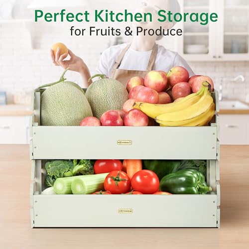 HABAU Potato Onion Storage Bin - Wood Stackable Produce Basket with Handles - Fruit and Vegetable Storage for Kitchen and Pantry Counter Organization - 2 Pack - Image 2
