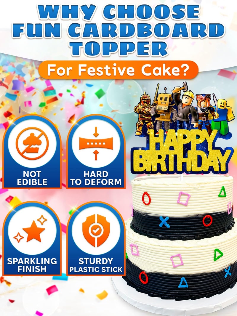 V TOWER Video Game Cake Topper Decorations - Vibrant Glitter Cardboard Gamer Cake Topper, Eye-Catching Design, Firm Installation & Easy Adjusting, Sturdy Plastic Stick - Birthday Decorations for Boys & Girls - Image 3