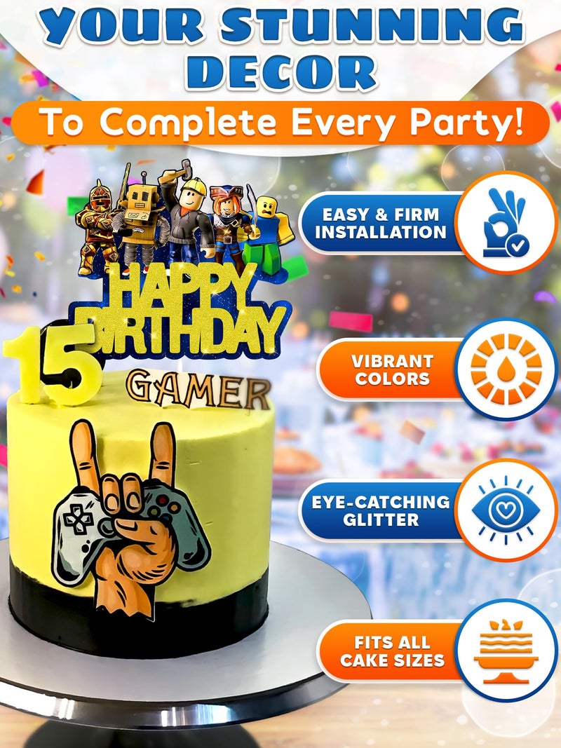 V TOWER Video Game Cake Topper Decorations - Vibrant Glitter Cardboard Gamer Cake Topper, Eye-Catching Design, Firm Installation & Easy Adjusting, Sturdy Plastic Stick - Birthday Decorations for Boys & Girls - Image 4
