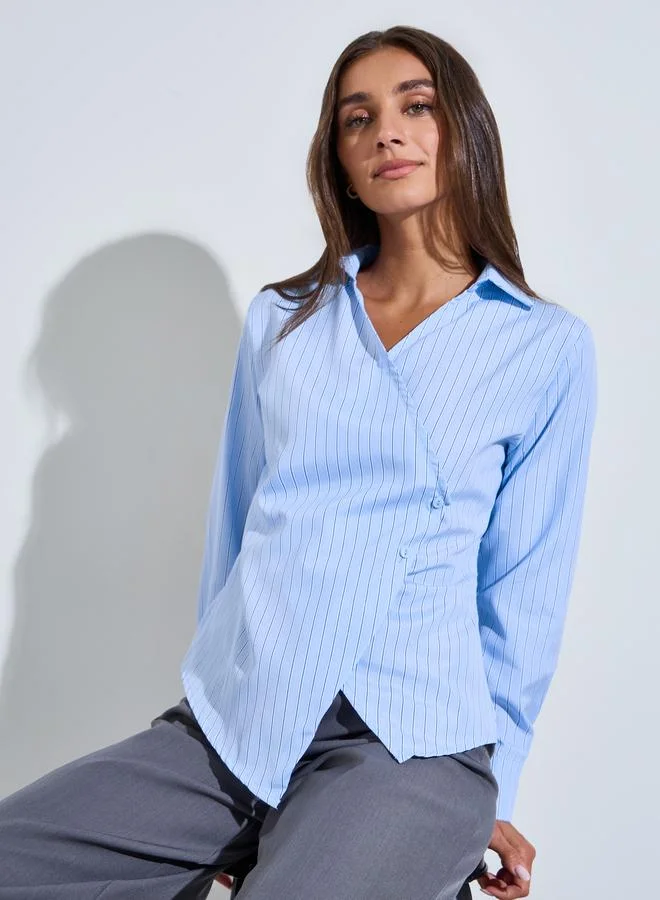 Light Blue Striped Long Sleeves Wrap Top