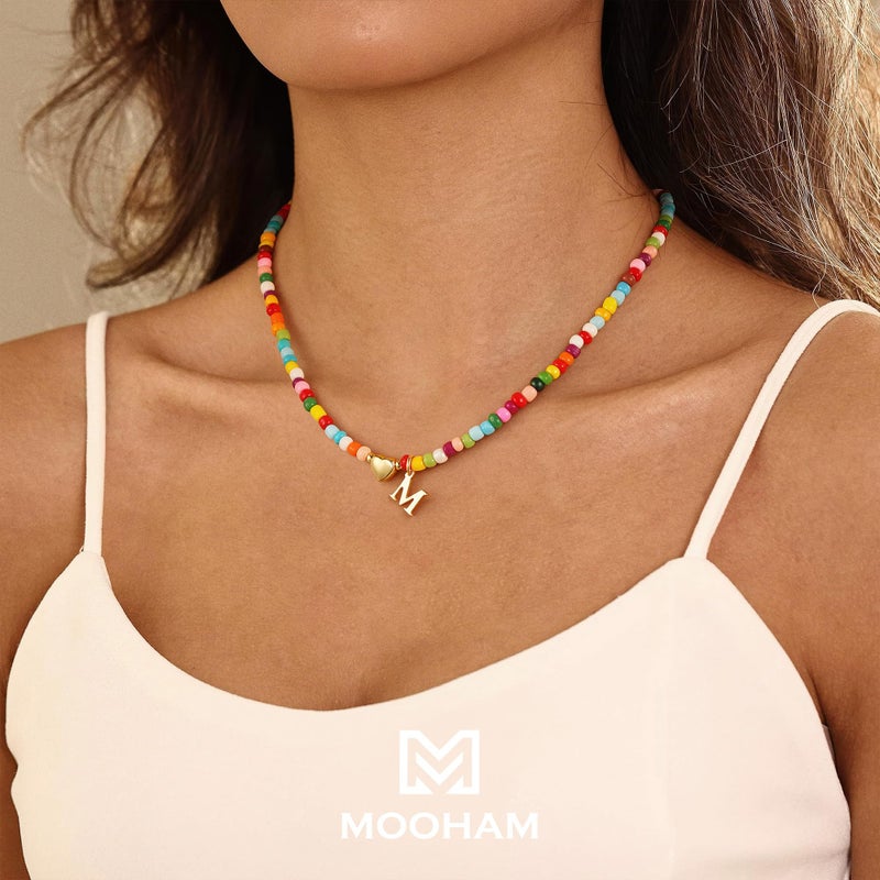M MOOHAM Easter Gifts for Girls - Easter Basket Stuffers, Dainty Letter A Beaded Necklaces for Women Initial Choker Necklace 14K Gold Plated Heart Necklace for Girl Jewelry Gifts - Image 2