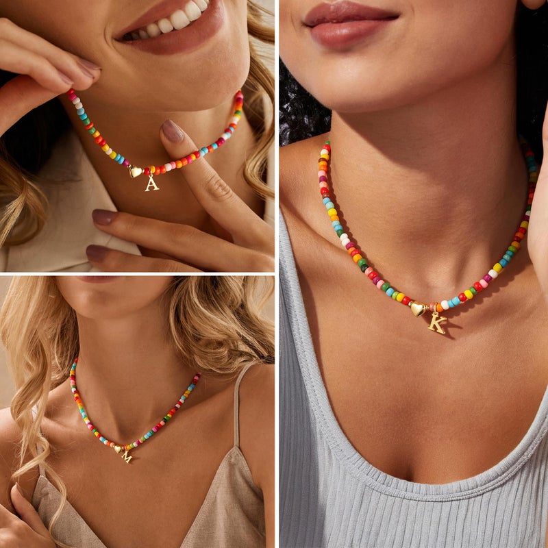 M MOOHAM Easter Gifts for Girls - Easter Basket Stuffers, Dainty Letter A Beaded Necklaces for Women Initial Choker Necklace 14K Gold Plated Heart Necklace for Girl Jewelry Gifts - Image 4
