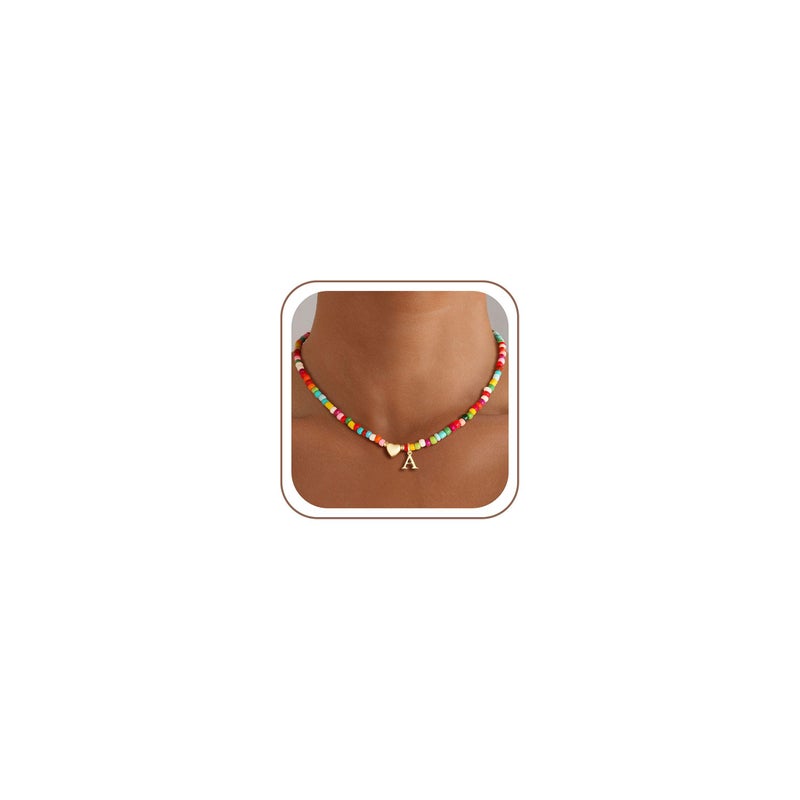 M MOOHAM Easter Gifts for Girls - Easter Basket Stuffers, Dainty Letter A Beaded Necklaces for Women Initial Choker Necklace 14K Gold Plated Heart Necklace for Girl Jewelry Gifts - Image 1