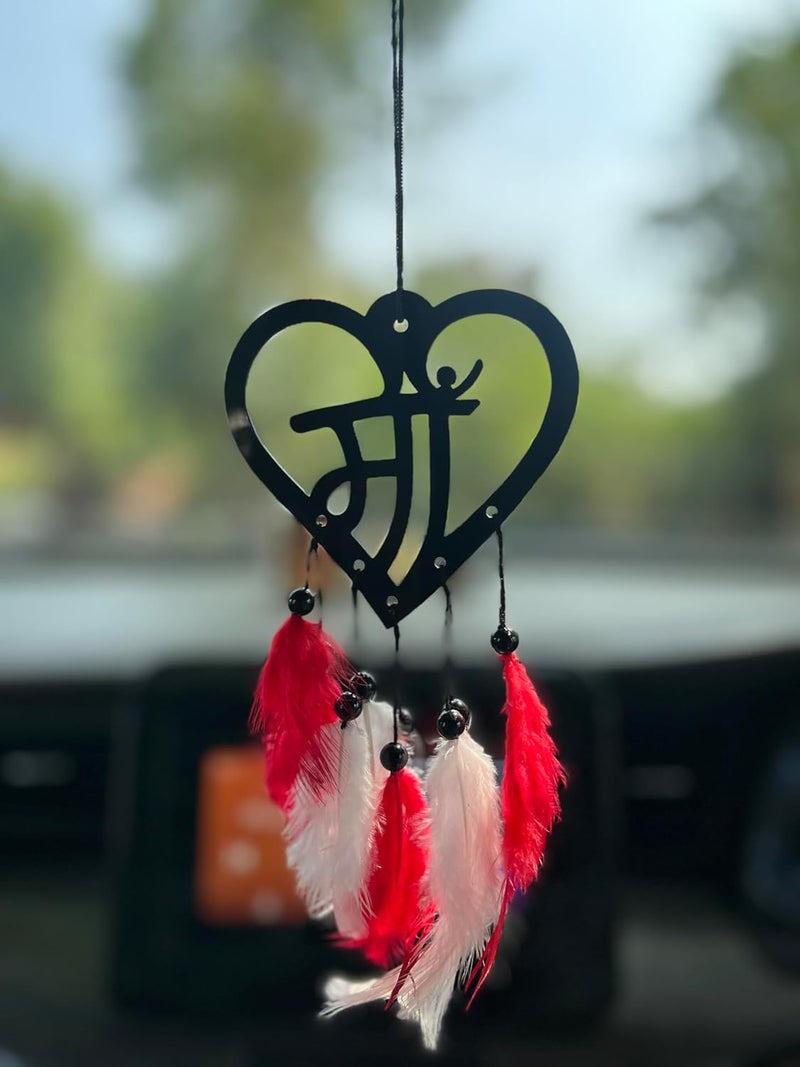 Rukshv Decorative Car Rearview Mirror Hanging with Feathers, Acrylic Spiritual Accessory for Home, Car, Office Interior Decor (Maa) - Image 2