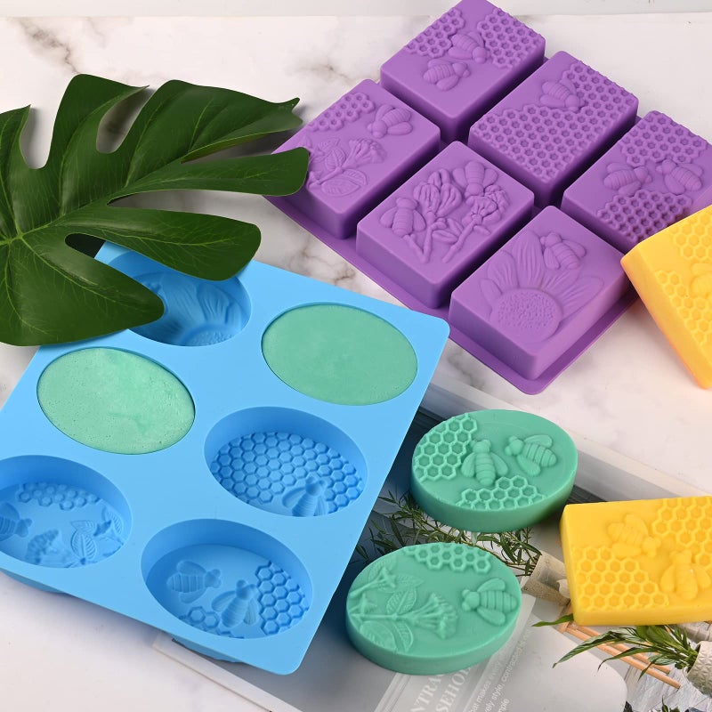 Sakolla 2 Pack 6 Cavity Bee Silicone Soap Molds Rectangle Oval Honeycomb Silicone Molds Loaf Handmade Molds for Soap Making Supplies DIY Wax Melts, Beeswax, Cake Chocolate Bakeware - Image 3