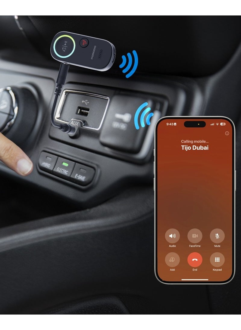 porodo Wired to Wireless BT Audio Transmitter with Voice Assistant and Hands-Free Calls / Surround Sound / 3.5mm AUX Jack - Black  - Image 3