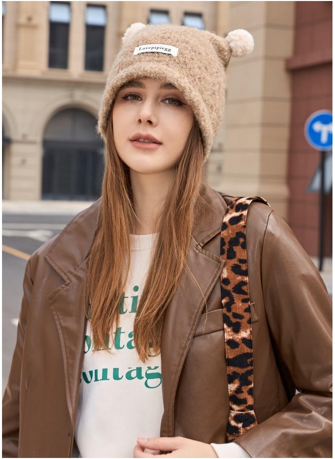 Wander Agio - Women Fashion Hat Warm Crocheted Hats Beanies Hand Crochet Fashion Skull Knit Beanie Peculiar Handmade Cute Double Pom Light Coffee 3 - Image 1