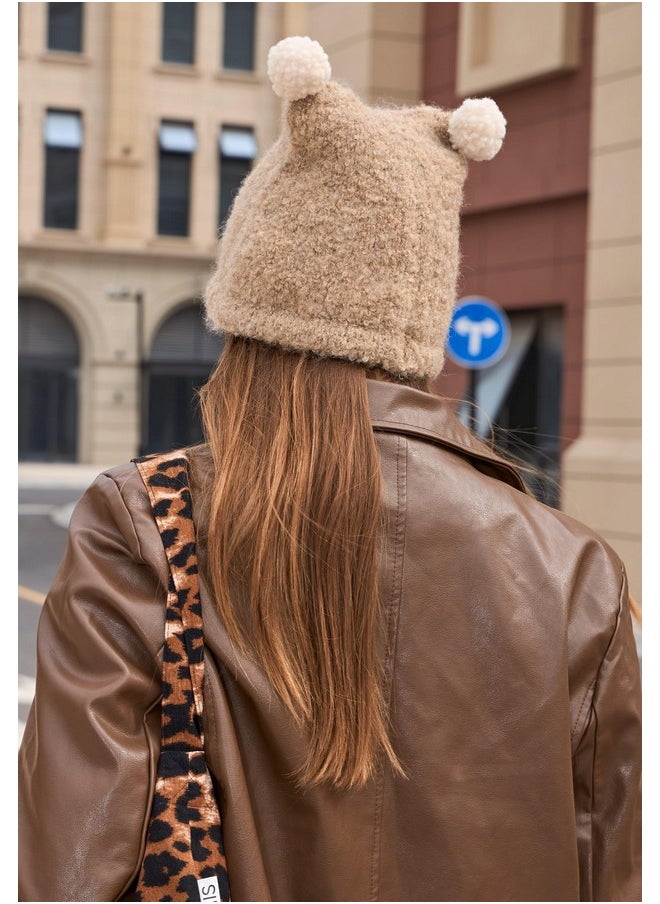 Wander Agio - Women Fashion Hat Warm Crocheted Hats Beanies Hand Crochet Fashion Skull Knit Beanie Peculiar Handmade Cute Double Pom Light Coffee 3 - Image 1