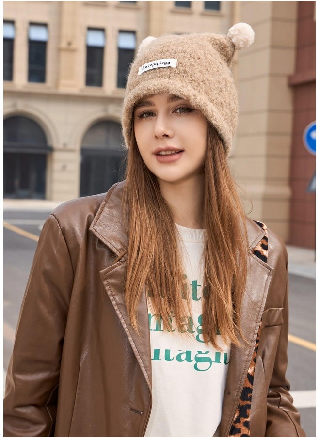 Wander Agio - Women Fashion Hat Warm Crocheted Hats Beanies Hand Crochet Fashion Skull Knit Beanie Peculiar Handmade Cute Double Pom Light Coffee 3 - Image 1