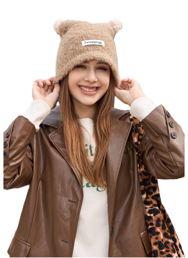 Wander Agio - Women Fashion Hat Warm Crocheted Hats Beanies Hand Crochet Fashion Skull Knit Beanie Peculiar Handmade Cute Double Pom Light Coffee 3 - Image 1