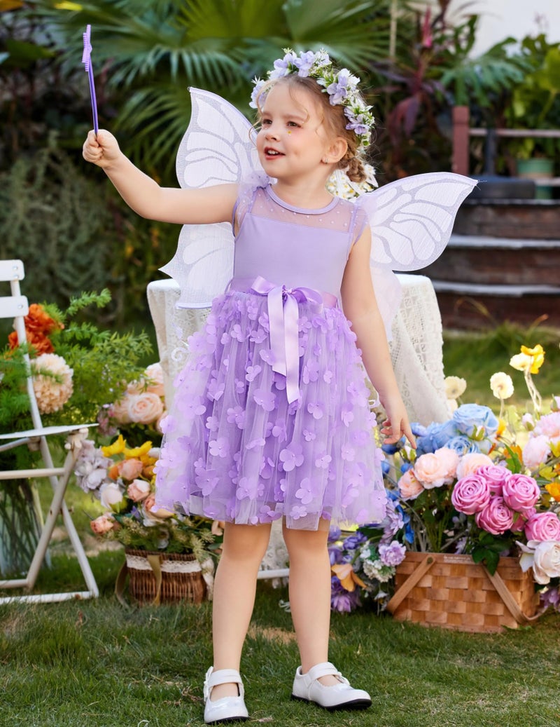 Arshiner Toddler Dress Girls Summer Ruffle Sleeve Mesh A Line Formal Party Tulle Dresses with Pockets Purple Flower - Image 4