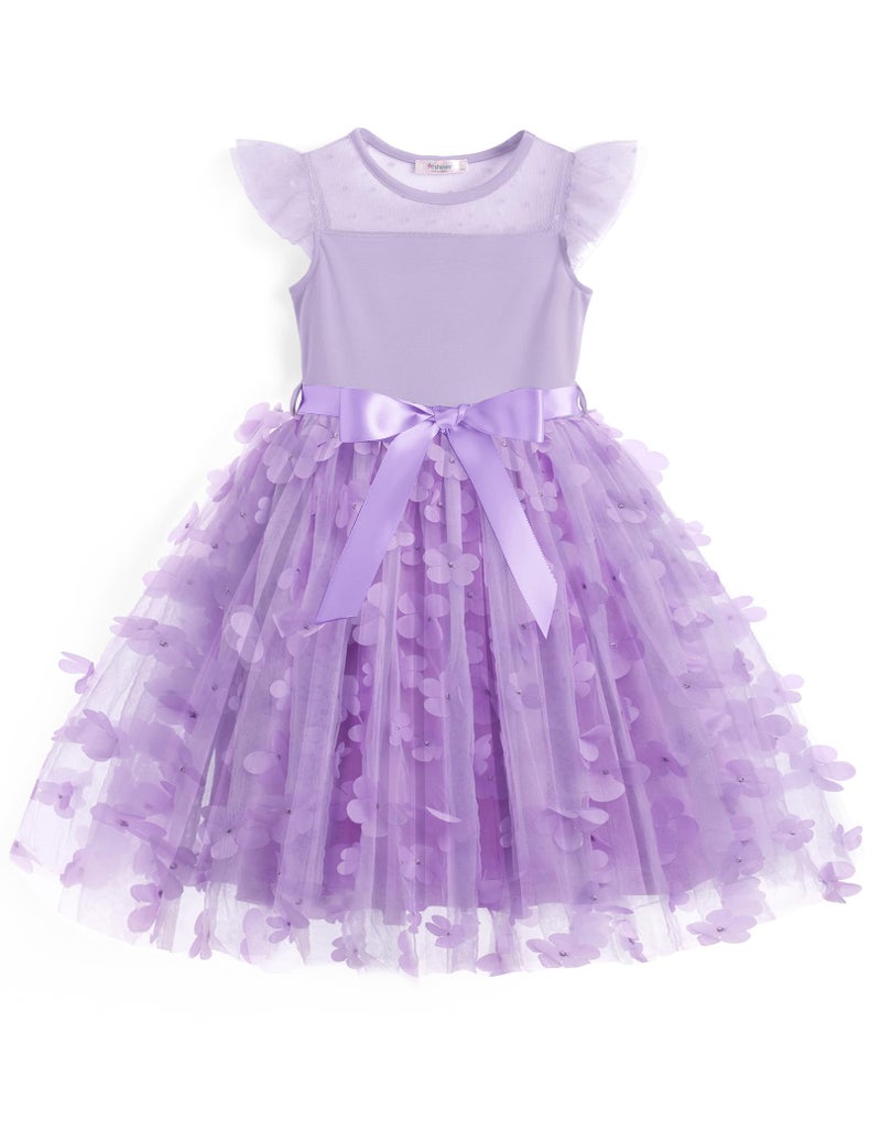 Arshiner Toddler Dress Girls Summer Ruffle Sleeve Mesh A Line Formal Party Tulle Dresses with Pockets Purple Flower - Image 1