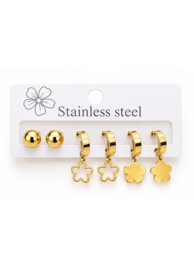 Women's Gold Stainless Steel Earring Set - 3 Pairs (Stud & Hoop with Flower Charms)