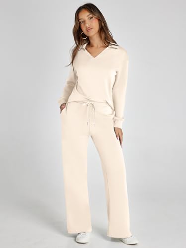 Glamaker Womens Sets 2 Piece Outfits Long Sleeve Polo V Neck Air Essentials Tracksuit Travel Set Women Clothes (Apricot L) - Image 2