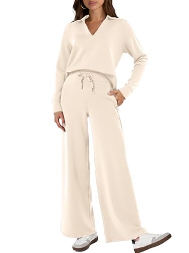 Glamaker Womens Sets 2 Piece Outfits Long Sleeve Polo V Neck Air Essentials Tracksuit Travel Set Women Clothes (Apricot L) - Image 1