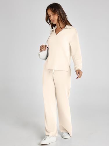 Glamaker Womens Sets 2 Piece Outfits Long Sleeve Polo V Neck Air Essentials Tracksuit Travel Set Women Clothes (Apricot L) - Image 3