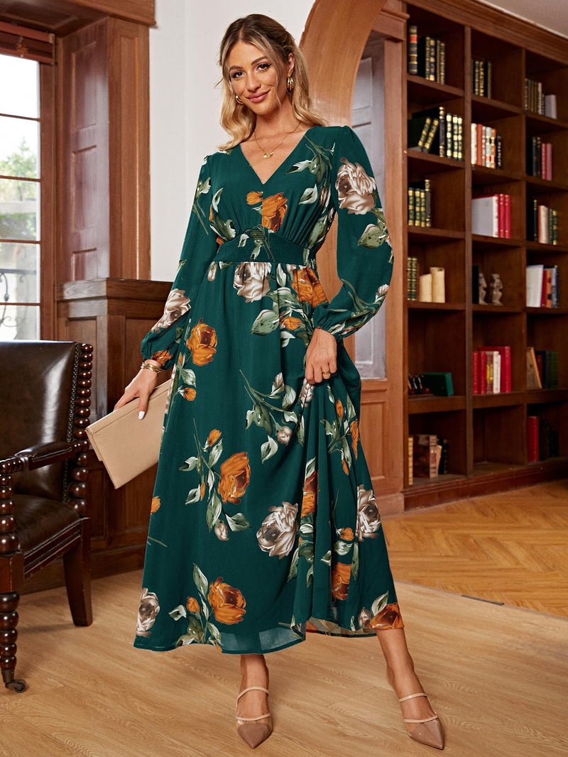 Simplee Apparel Simplee Women Casual Boho Floral Maxi Dress V Neck Long Sleeve Wedding Guest Dress Flowy Holiday Beach Empire Waist Long Dresses (Small Emerald Green) - Image 5