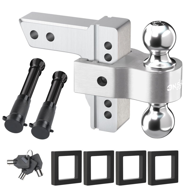 Onsski Adjustable Trailer Truck Drop Hitch - Fits 2 Inch Receiver Only, 6 Inch Drop/Rise Dual Ball Mount 2" and 2-5/16" Up to 12,500 LBS GTW, Heavy Duty Towing Hitch with 2 Locks & 4 Silencer Pads (Silver) - Image 1