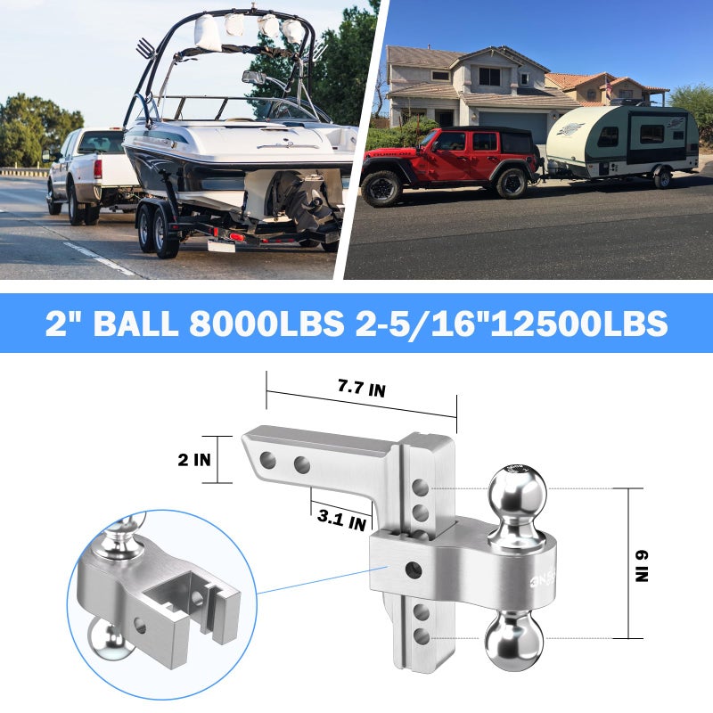 Onsski Adjustable Trailer Truck Drop Hitch - Fits 2 Inch Receiver Only, 6 Inch Drop/Rise Dual Ball Mount 2" and 2-5/16" Up to 12,500 LBS GTW, Heavy Duty Towing Hitch with 2 Locks & 4 Silencer Pads (Silver) - Image 4