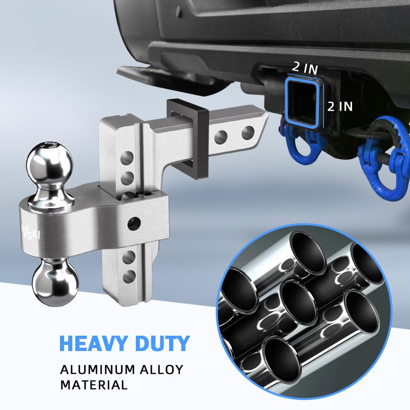Onsski Adjustable Trailer Truck Drop Hitch - Fits 2 Inch Receiver Only, 6 Inch Drop/Rise Dual Ball Mount 2" and 2-5/16" Up to 12,500 LBS GTW, Heavy Duty Towing Hitch with 2 Locks & 4 Silencer Pads (Silver) - Image 2