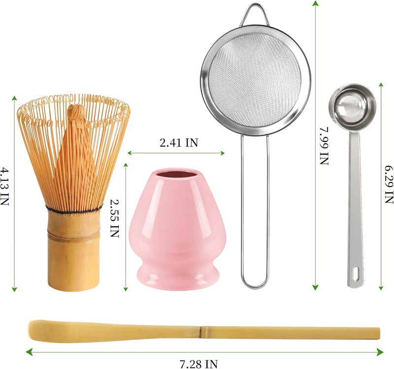 YIBO Matcha Whisk Set Matcha Making Kit Bamboo Chasen Ceramic Whisk Holder Stand Sifter Scoop Japanese Tea Tools (Solid Pink) - Image 2